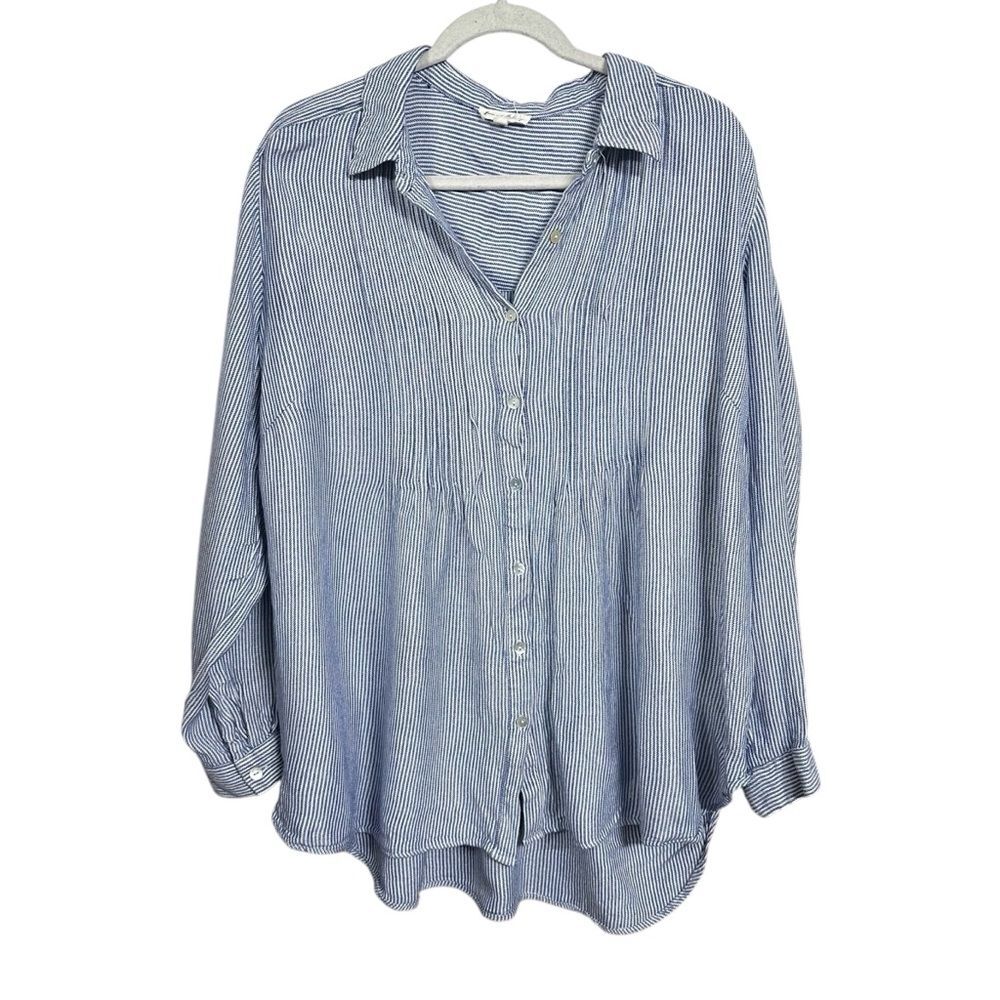 Jane and Delancey Womens Sz 1X Blue Long Sleeve Button Up Casual Striped Top